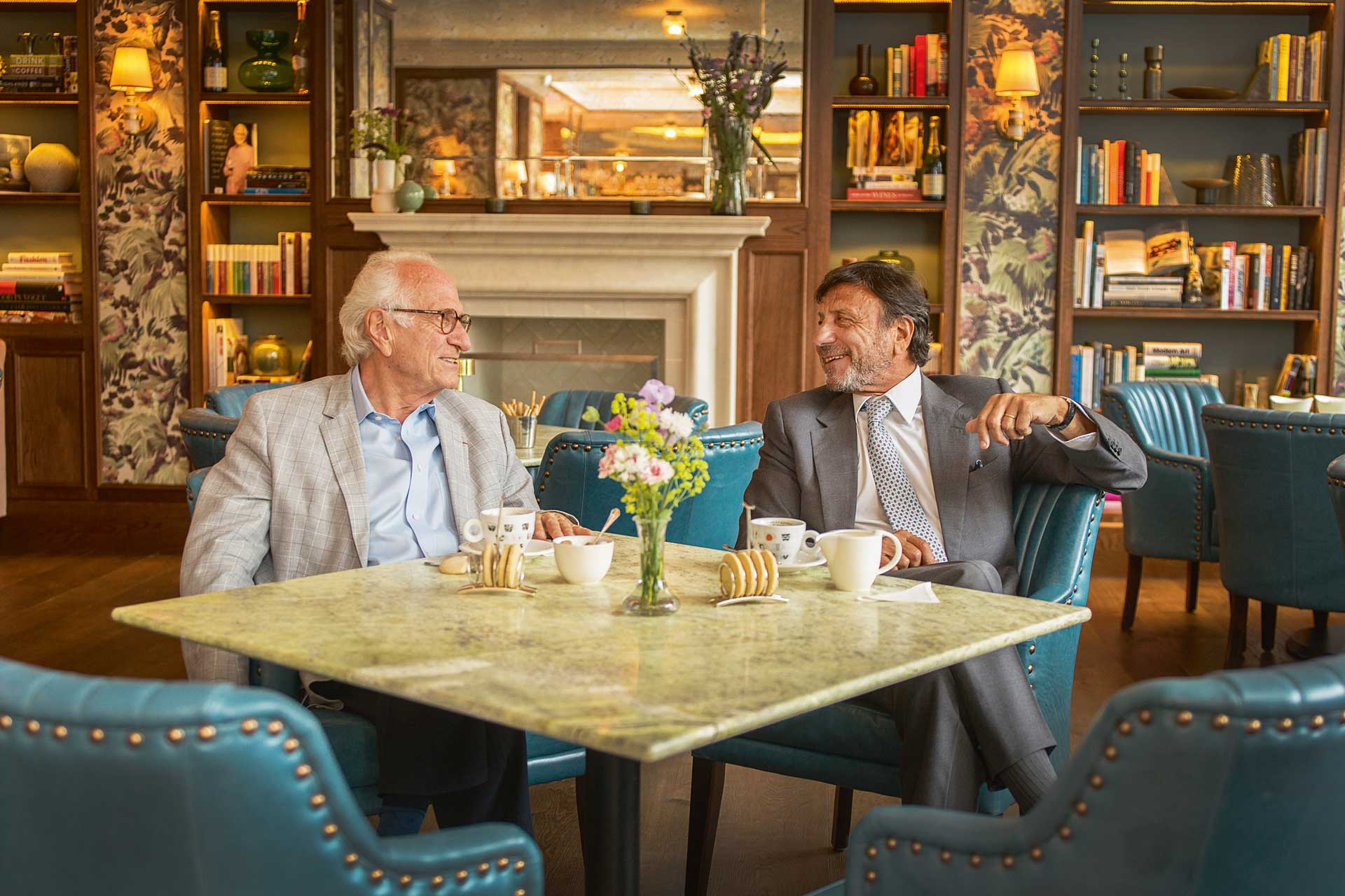 Michel Roux and Sir Rocco Forte in Brasserie Prince's library lounge