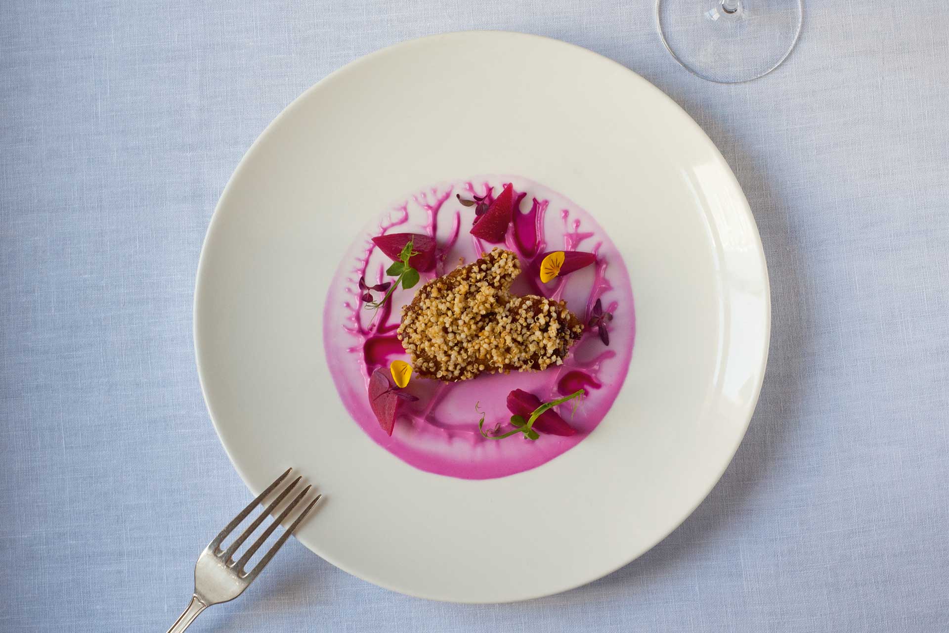 Pan-fried veal sweetbreads with crunchy amaranth and beetroot cream from Beck at Brown's