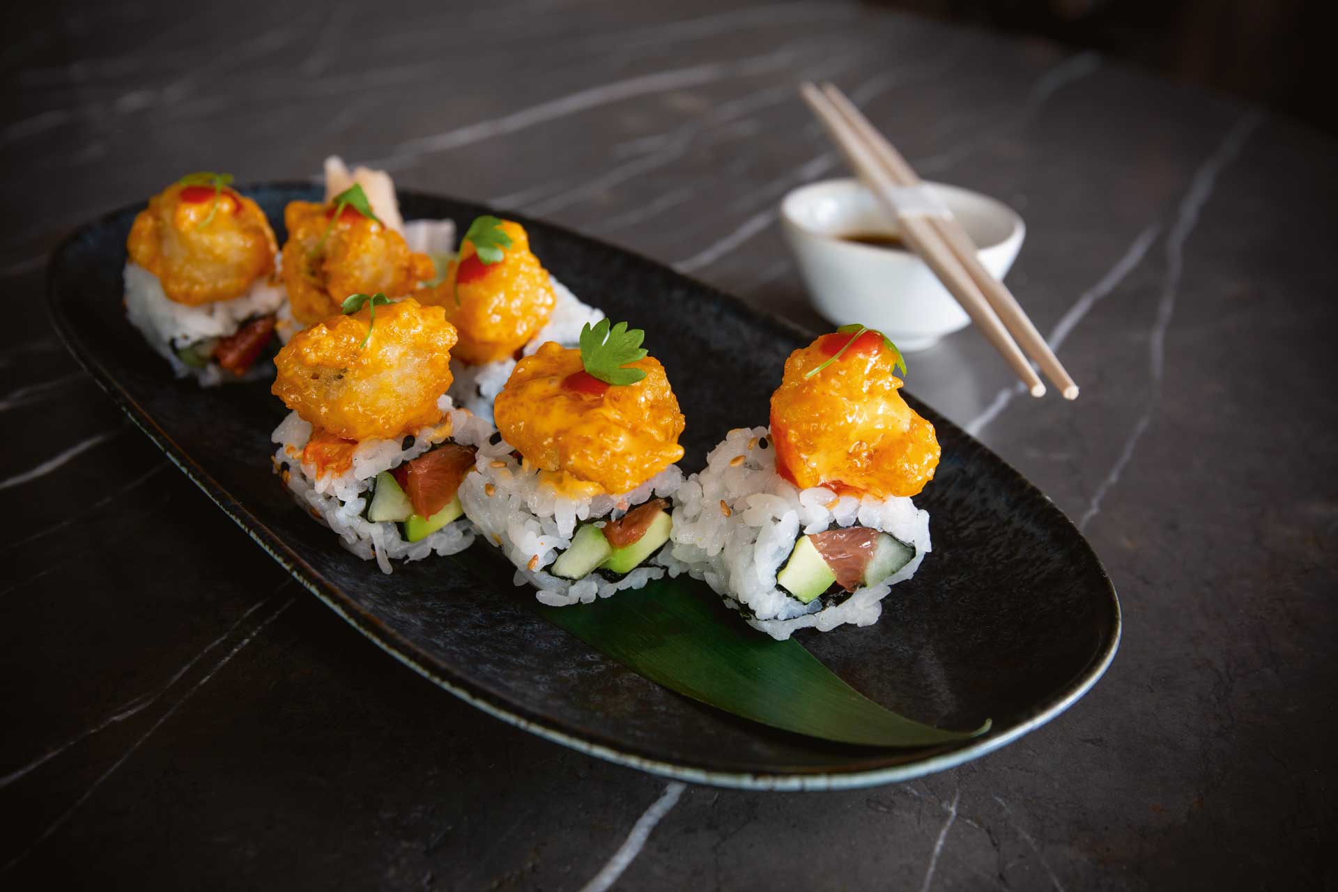 Laurent Tourondel's spicy and crispy shrimp sushi at Hotel Café Royal