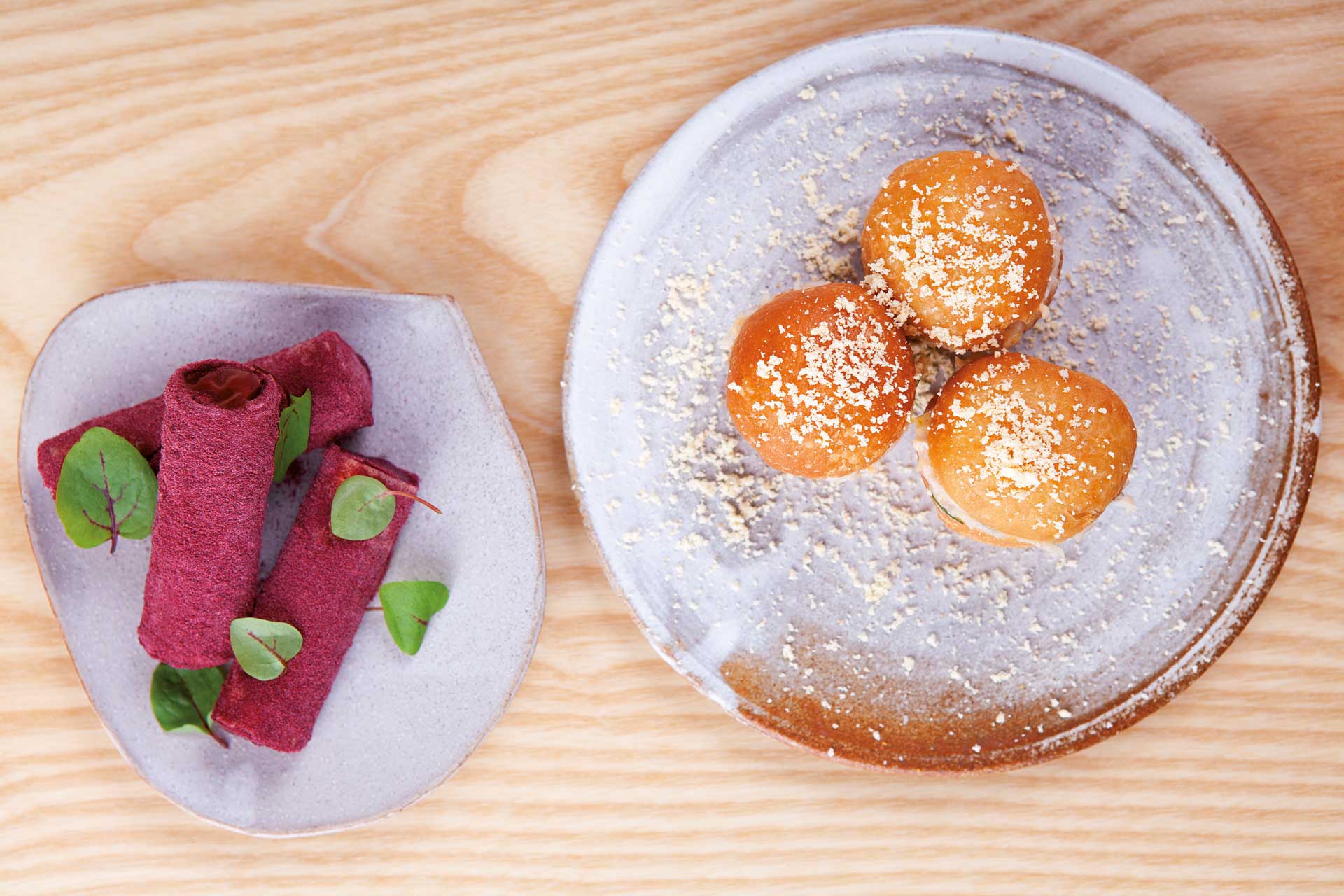 Crab doughnuts and beetroot rolls at Chiltern Firehouse
